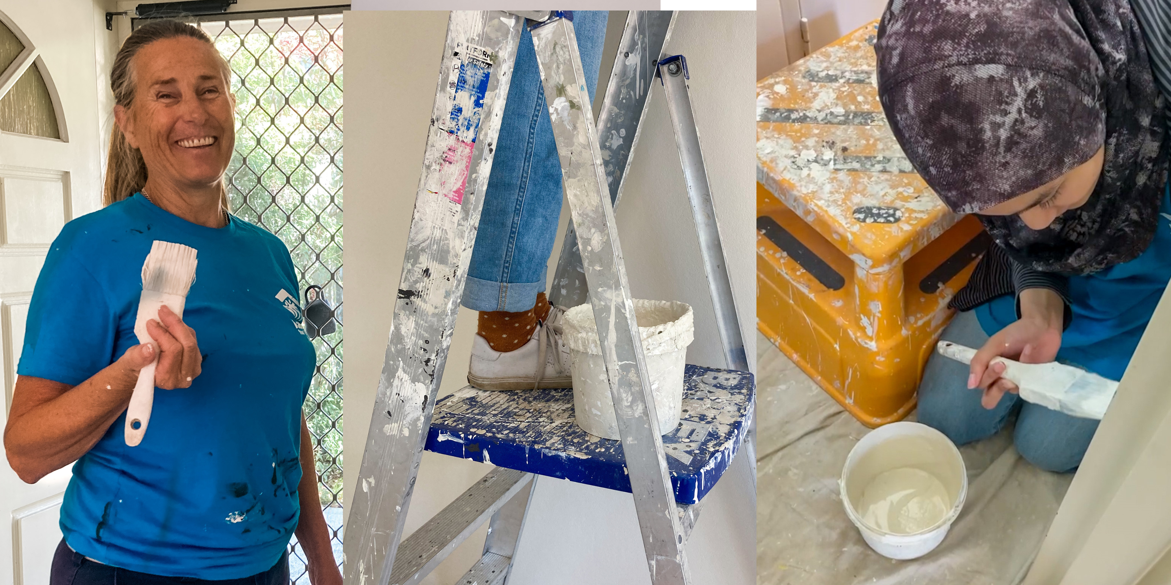 Three photographs. The first photo shows a lady in a blue Habitat t-shirt holding a paint brush and smiling. The second photo is of someone's shoes standing on a ladder. The third image is of a girl in a headscarf sitting on the floor and painting a wall.