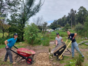 three women stand to the left and right of a pile of mulch. They all hold wheelbarrows and are smiling toward the camera.