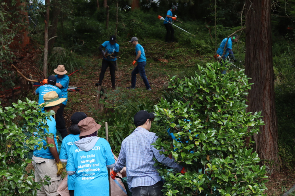 Habitat Volunteers wearing blue Habitat t-shirts and bright orange gardening gloves work amongst trees and shrubs to clear the land and make it safe for bushfires. 