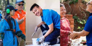 three images side by side. The first image shows a Bushfire Resilience volunteer holding a weed wacker. The second image shows a Brush with Kindness volunteer crouched down and painting the wall, the third image shows a Global Village volunteer holding the hand of a local community member.