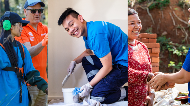 three images side by side. The first image shows a Bushfire Resilience volunteer holding a weed wacker. The second image shows a Brush with Kindness volunteer crouched down and painting the wall, the third image shows a Global Village volunteer holding the hand of a local community member.