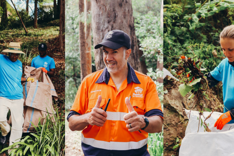 three images. The first and last show Bushfire Resilience volunteers clearing the land, the second image shows Bushfire Resilience Supervisor, Philip with a thumbs up.
