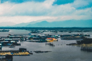 a town in Vietnam is flooded as a result of Climate Change. The houses poke out from under the water.