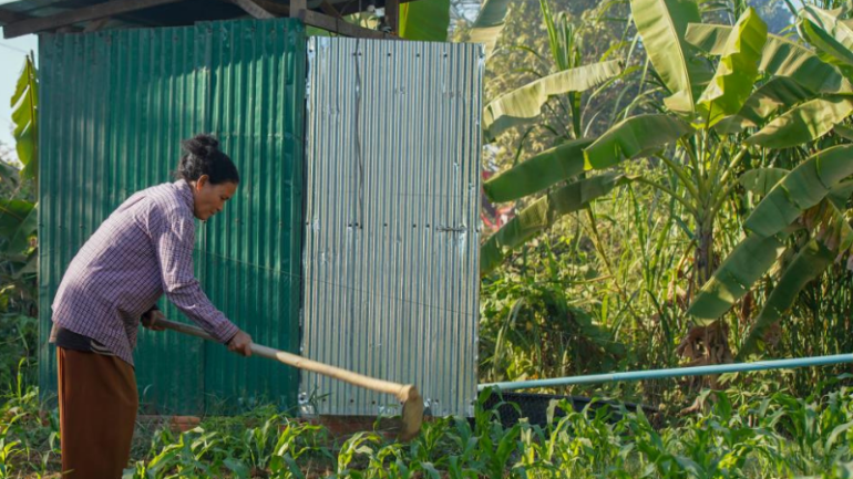 Homeowner gardening outside toilet