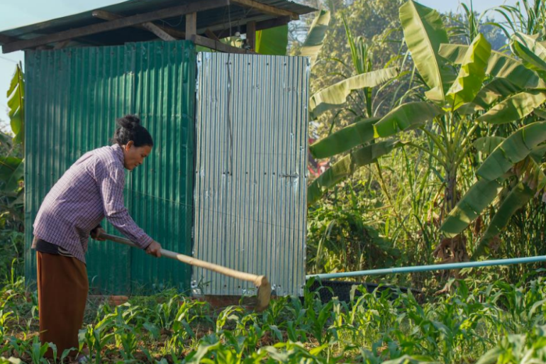 Homeowner gardening outside toilet