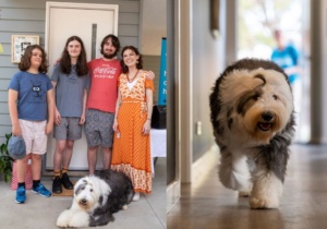 family outside property with dog